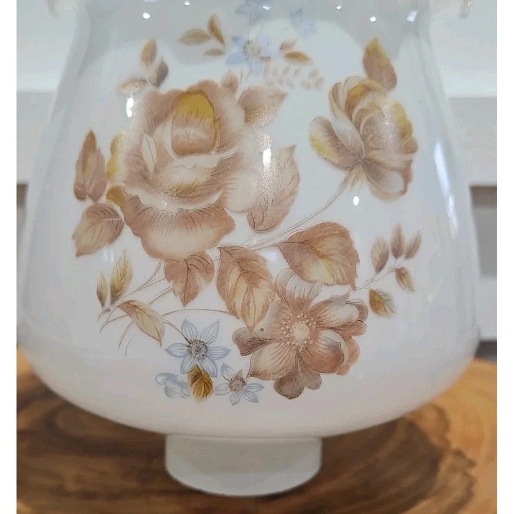 Vintage Milk Glass Hurricane Floral Lamp Shade With Ruffled Top 1.5 Inc Fitter